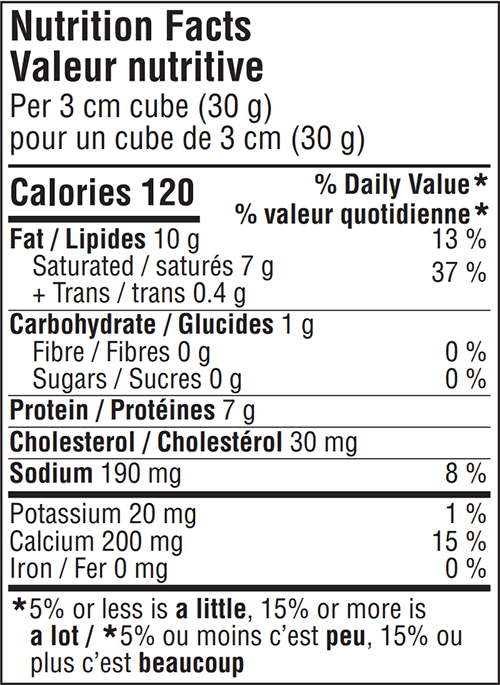 Balderson Mature Havarti Cheese Nutrition Facts Label